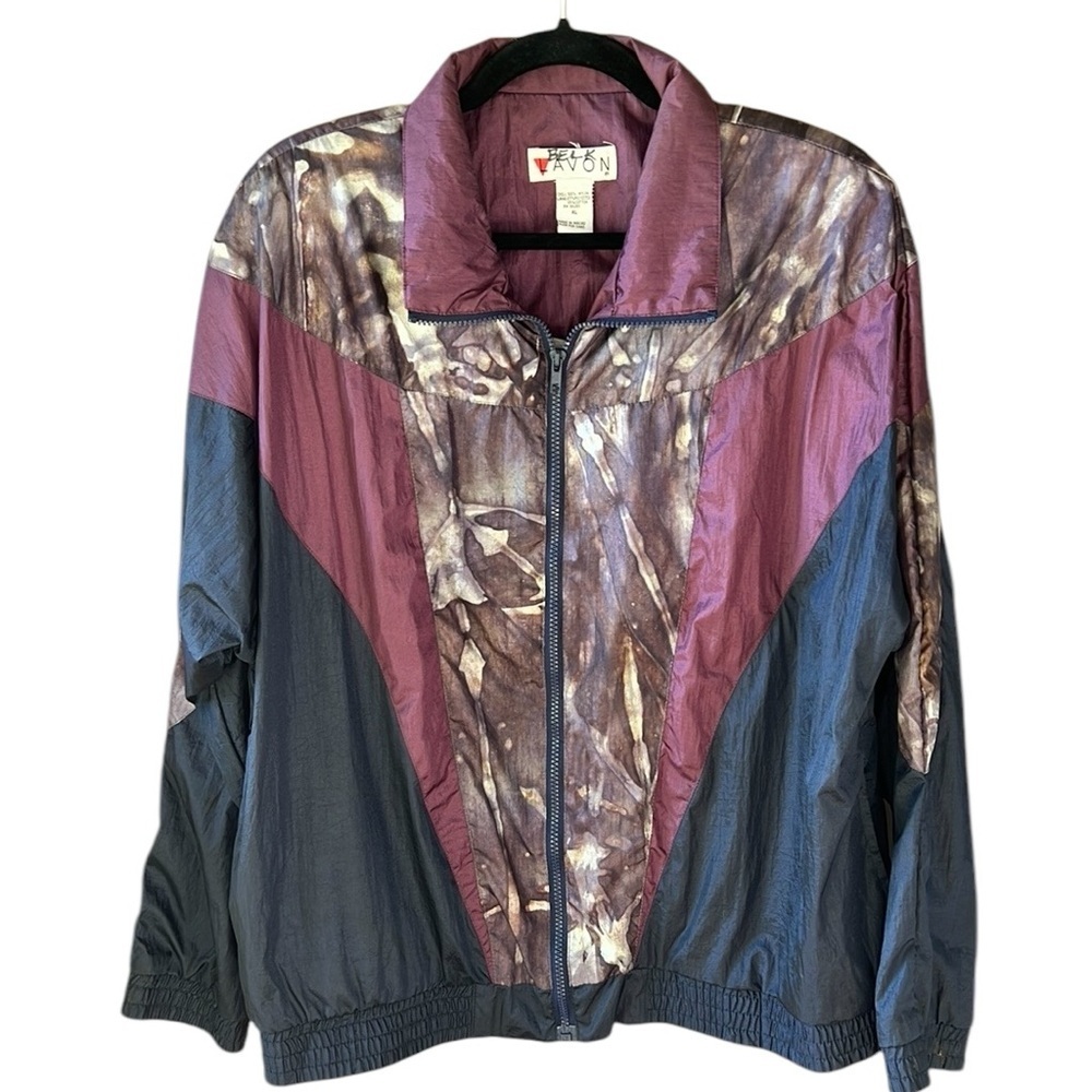 Vintage Lavon Women’s XL Nylon Track Zip Up Jacket Maroon Navy Abstract